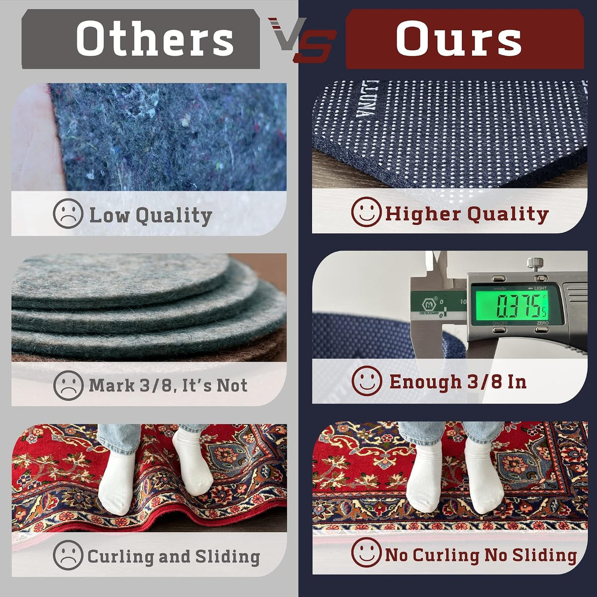 Non-Slip Area Rug Pad 5'x7', 3/8" Thick Double Side Rubber + Felt, Premium Deluxe Cushioned- Safe for All Floors