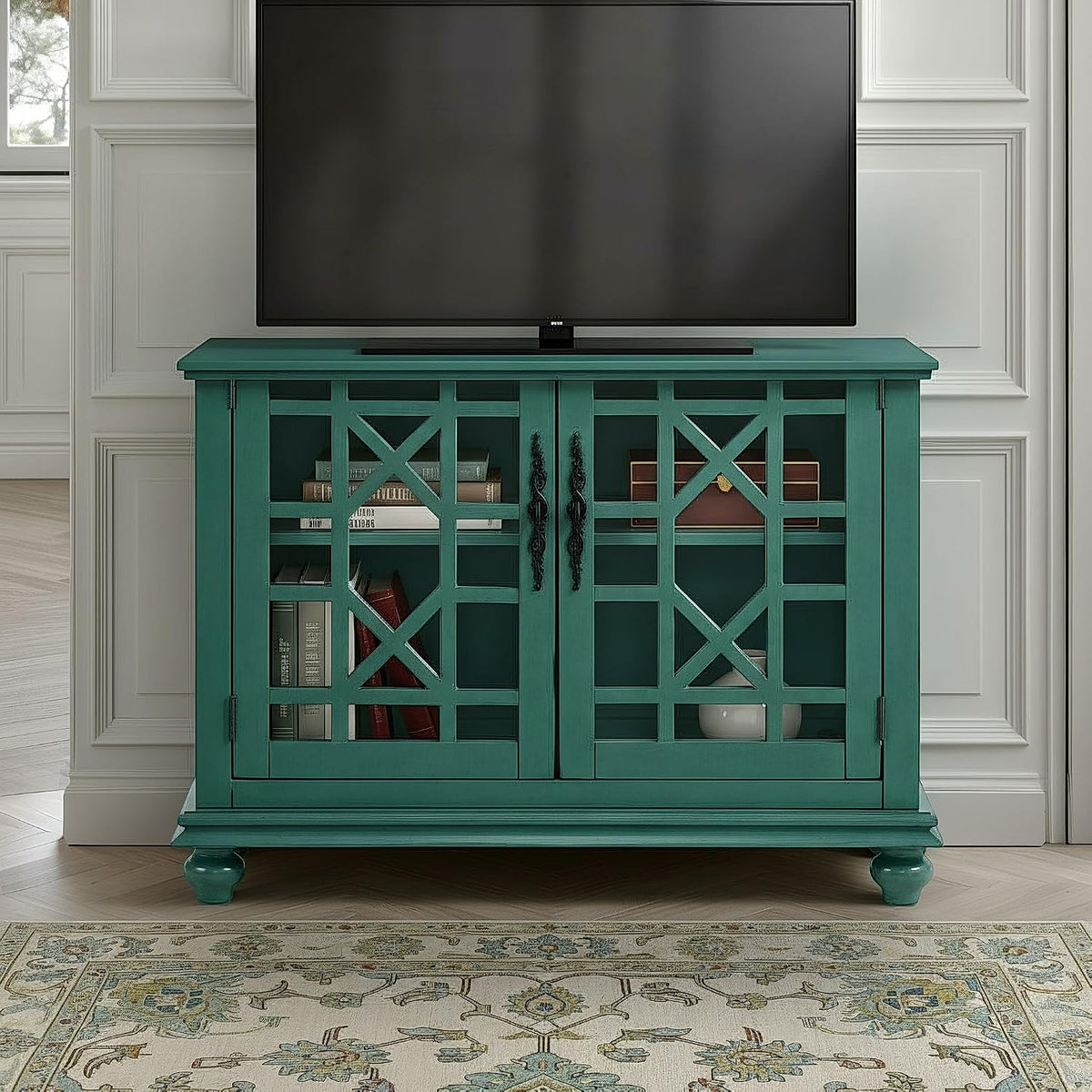 Elegant Small Spaces Accent Cabinet, Teal Green | Solid Wood, Glass Doors, Vintage Sideboard, Small TV Stand , Turned