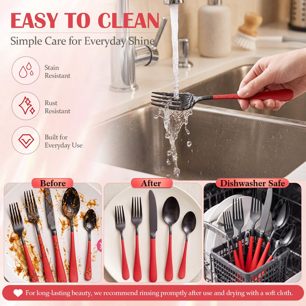 30 Pcs Red Silverware Set Stainless Steel Utensil Sets for 6 Guest