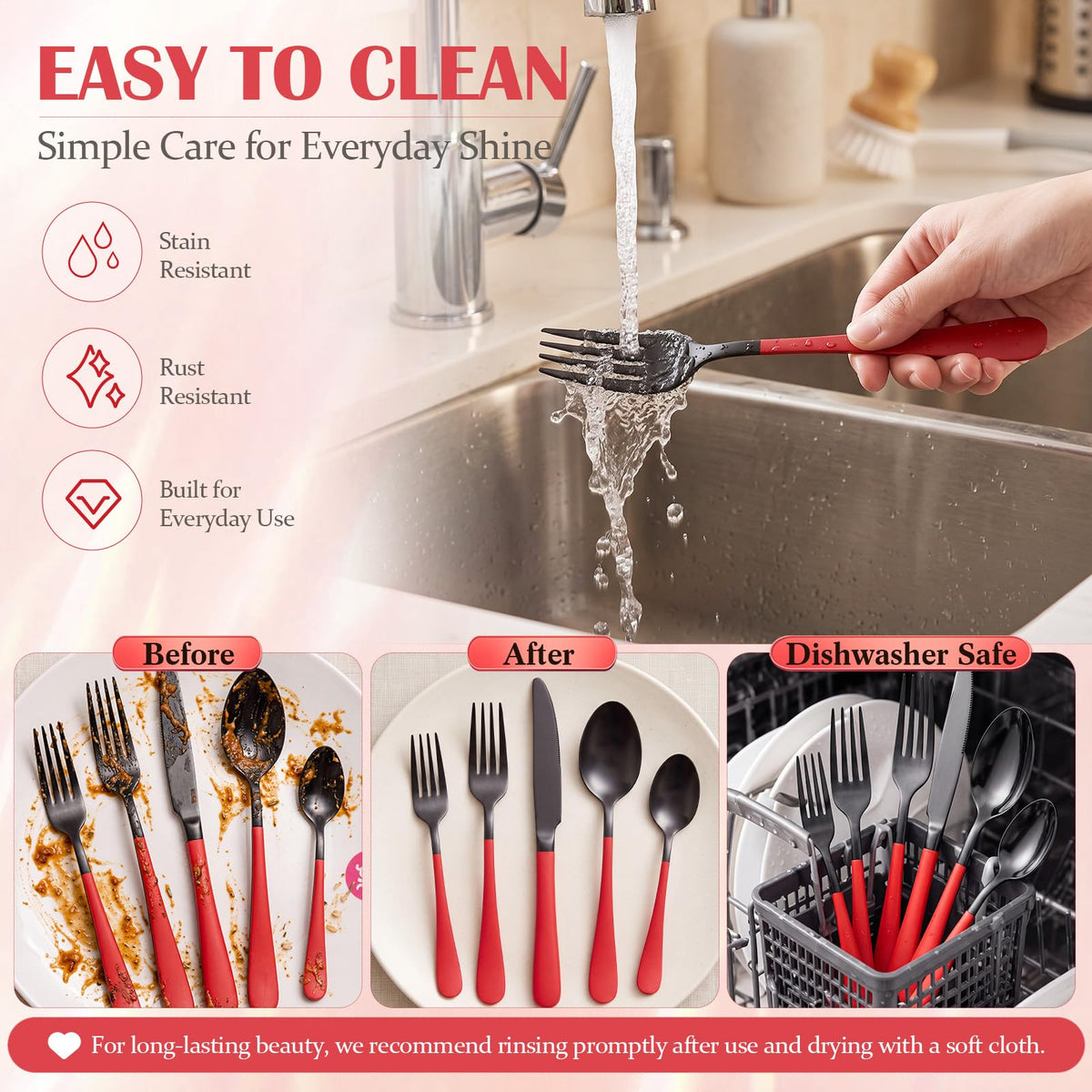 30 Pcs Red Silverware Set Stainless Steel Utensil Sets for 6 Guest