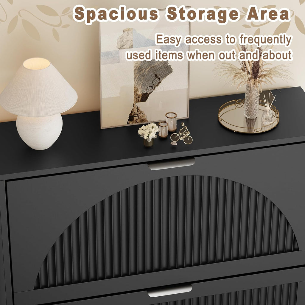 Shoe Storage Cabinet with 2 Flip Drawers, Narrow Wood Shoe Organizer Cabinet with Fluted Panel, Slim Shoe Rack