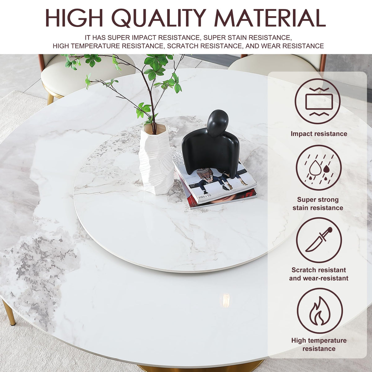 Marble Dining Table, 59" D Round Sintered Stone Tabletop with 31.5" D Removable Turntable, Luxurious Dining Room