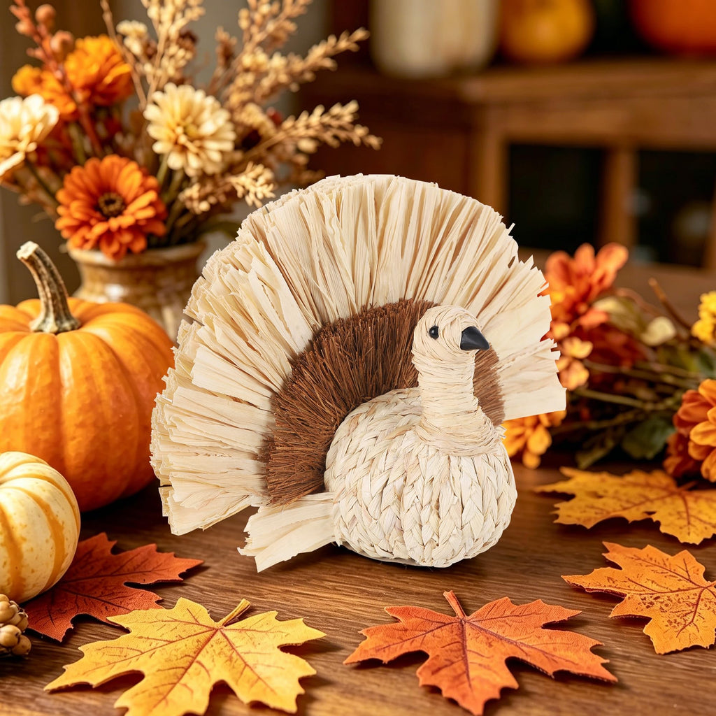 Thanksgiving Turkey Decor Straw Turkeys, 6.7" Tall