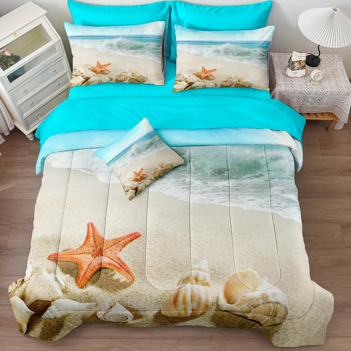 Beach Themed Comforter Set - Sheets, Starfish Sea Life Printed - Women's Adult Coastal Bedding - Aqua