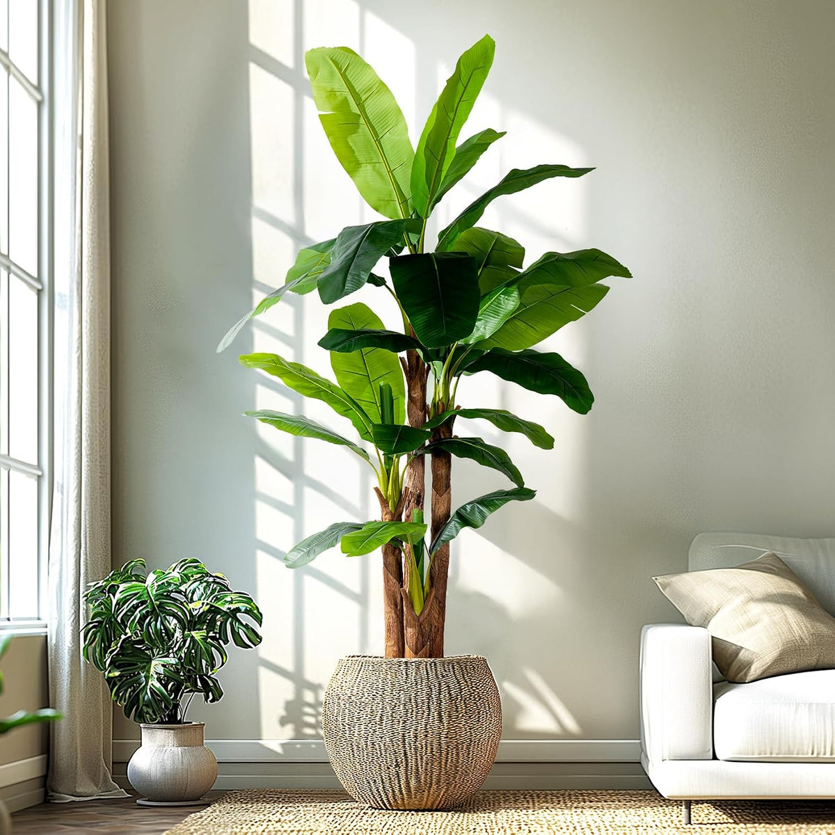 8.2FT Artificial Banana Tree, Lifelike Fake Banana Leaf Tropical Silk Tree, Easy Assembly Faux Floor Plant with