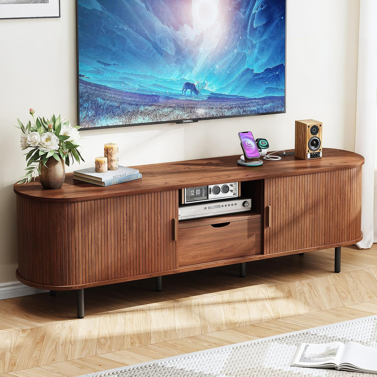 69" TV Stand with Power Outlet for TVs up to 80", Entertainment Center with Storage and Drawer, TV Console with Adjustable Shelves and Sliding Door, TV Stand for Living Room, Bedroom, Walnut