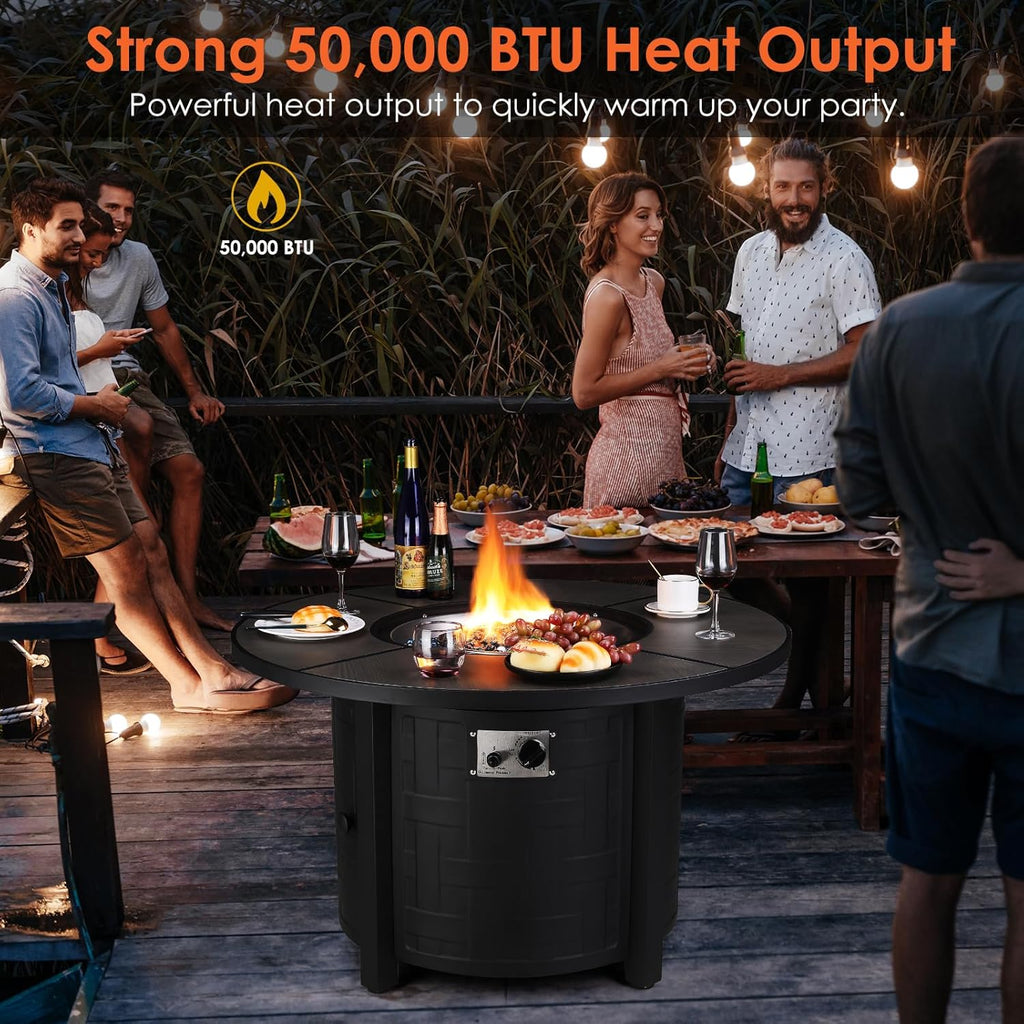Propane Fire Pit Table 42 Inch Round – 50,000 BTU Outdoor Fire Pit with Lid, Converts to Patio Coffee Table, Certified, Includes Waterproof Cover & Blue Fire Glass