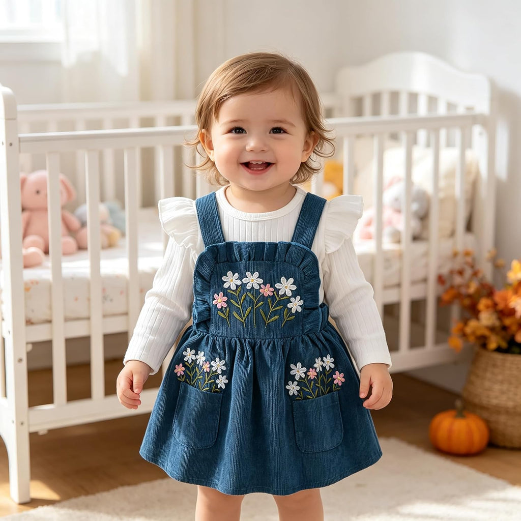 Baby Girl Dress Set Long Sleeve Ribbed Top Embroidered Suspender Dress