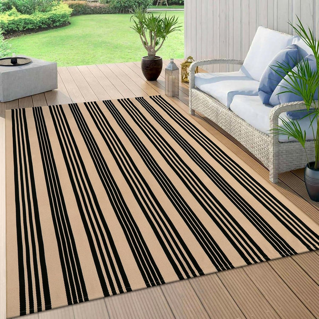 Outdoor Patio Rug, Black and Tan Striped Outdoor Rugs Fall Decor