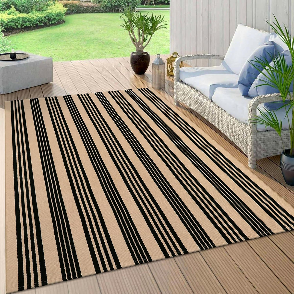 Outdoor Patio Rug, Black and Tan Striped Outdoor Rugs Fall Decor