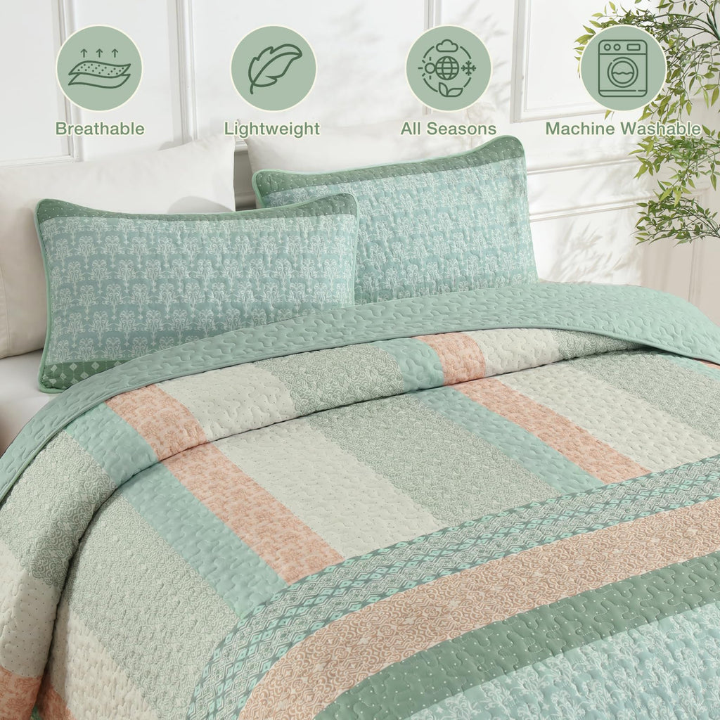 Quilt Set, Boho Stripe Bedspread, Vintage Green
