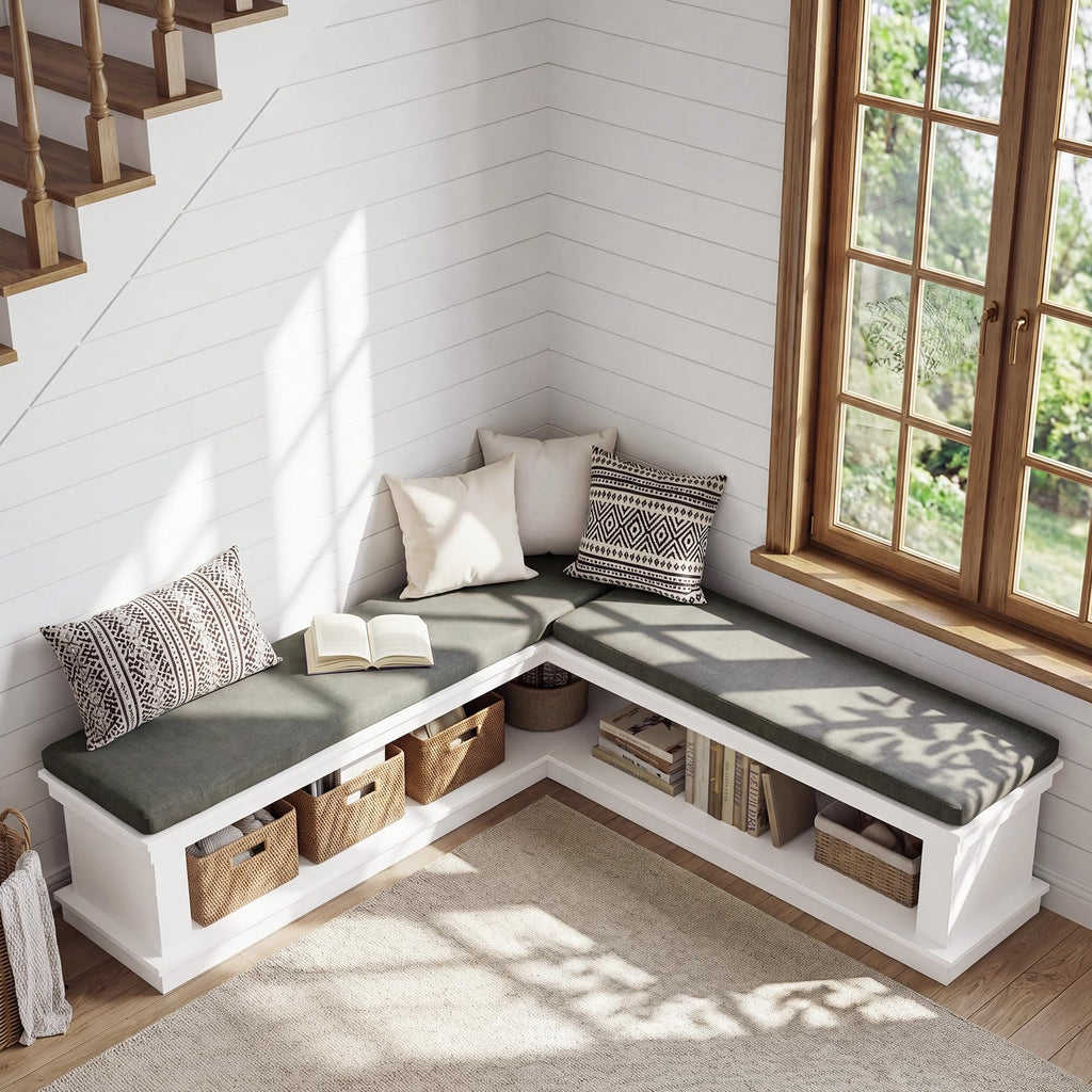 L-Shaped Storage Bench with Cushion, 55" Farmhouse Wooden Corner Entryway Shoe Bench with Open Shelves, L-Shaped