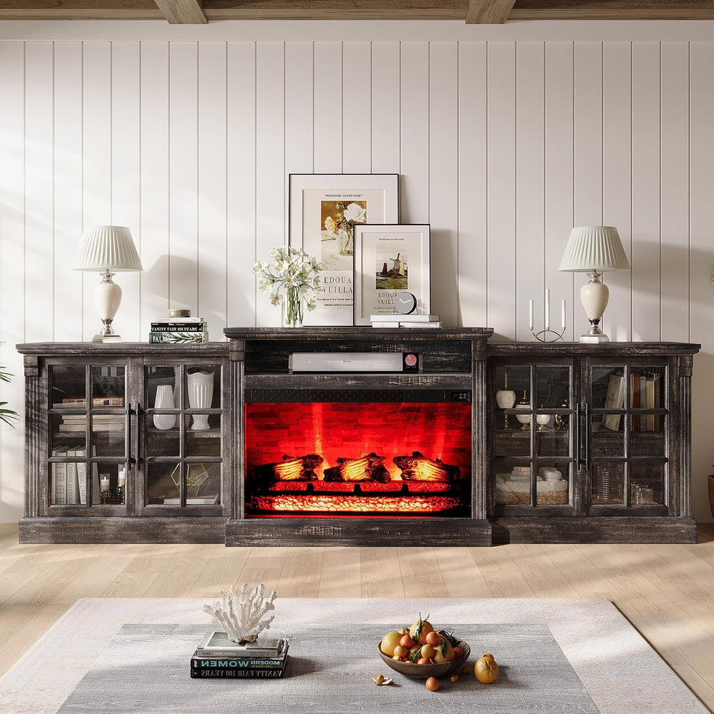 97 Inch Farmhouse Fireplace TV Stand for TVs up to 100 Inches, Entertainment Center with 33 Inch Electric Fireplace, Large Storage Cabinets and Adjustable Shelves, Rustic Black