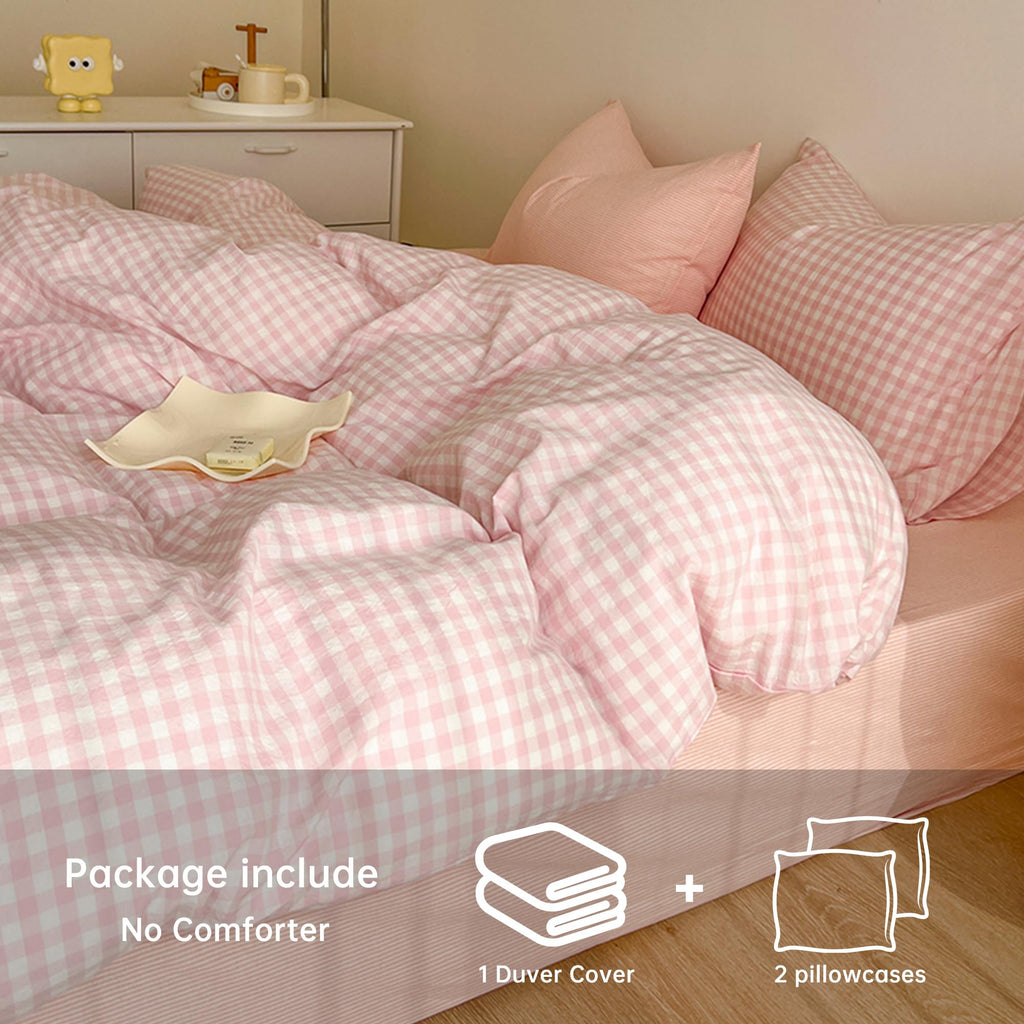 Pink Gingham Duvet Cover Set, Plaid Checkerd Bedding Set