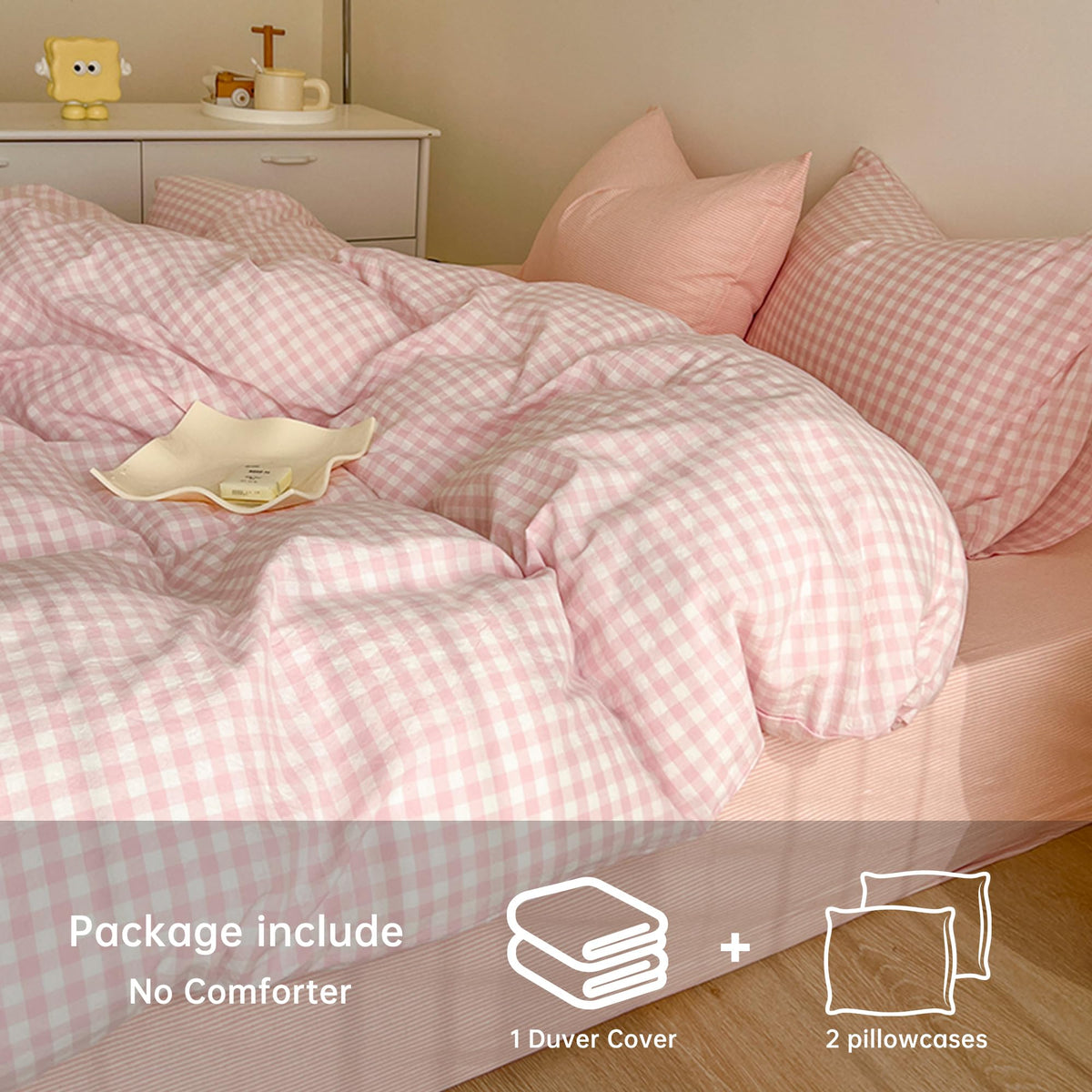 Pink Gingham Duvet Cover Set, Plaid Checkerd Bedding Set