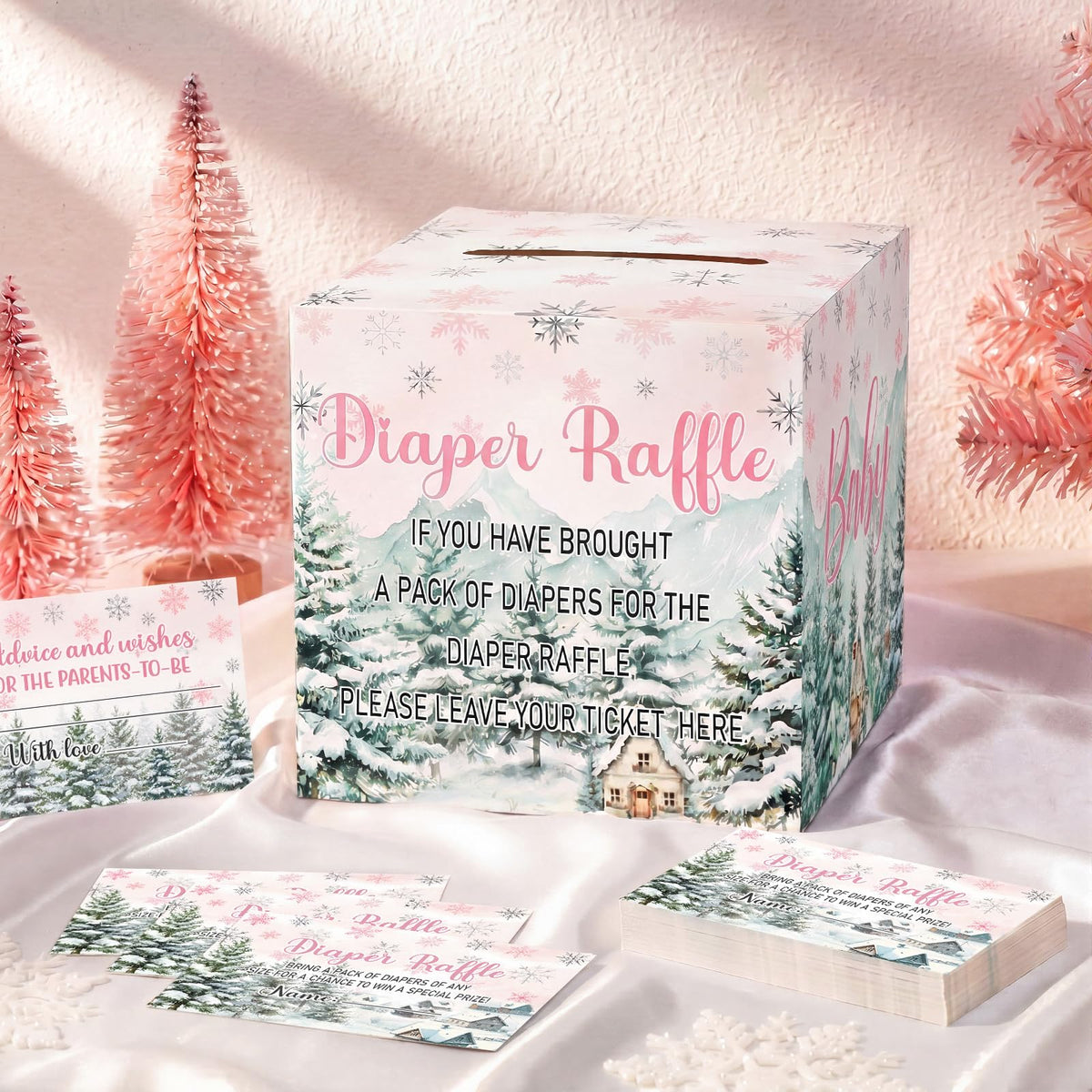 51 Pieces Diaper Raffle Tickets with Card Box, Pink Baby It's Cold Outside Style