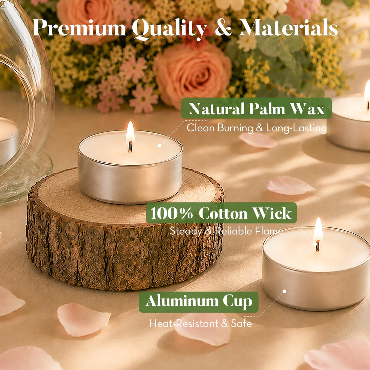 Tea Light Candles, 200 Pack Unscented Palm Wax, 4 Hour Long Burn