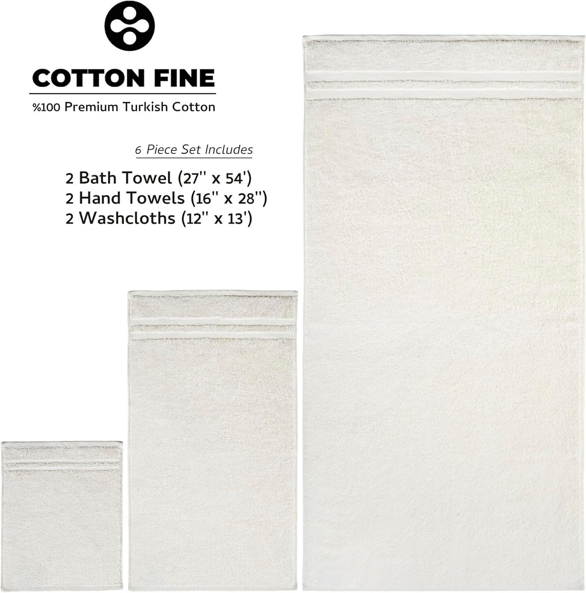 Premium 6 Piece Towel Set, 2 Bath Towel, 2 Hand Towels, 2 Washcloths, 100% Turkish Cotton Soft Absorbent Towels