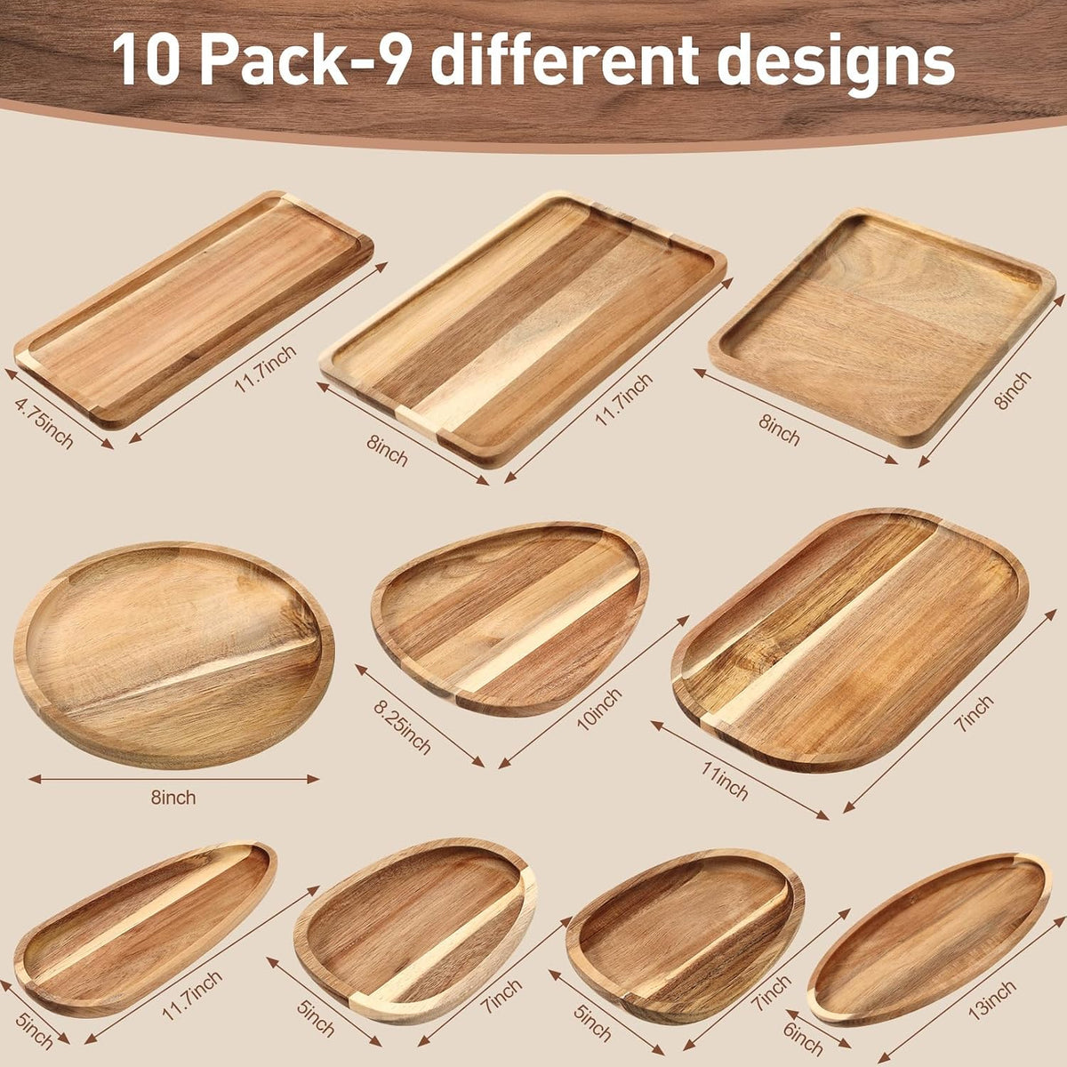 Set of 10 Acacia Wood Serving Platter and Trays Multi Shape Wood Plates Serving Tray Acacia Wooden Charcuterie Board