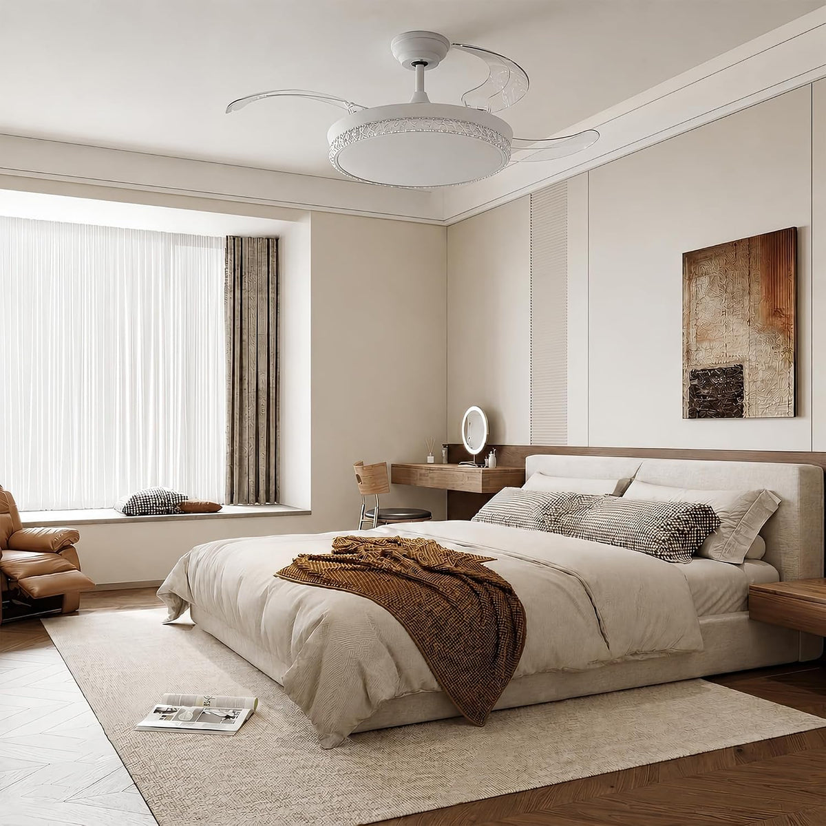 Retractable Ceiling Fan with Lights, 44 Inch, Remote, High CFM