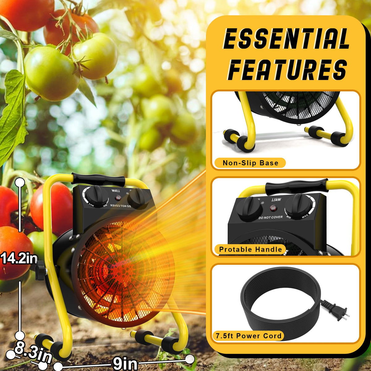 Greenhouse Heater with Digital Thermostat, 1500W Outdoor Heaters, Overheat Protection & 3S Fast Heating, Electric