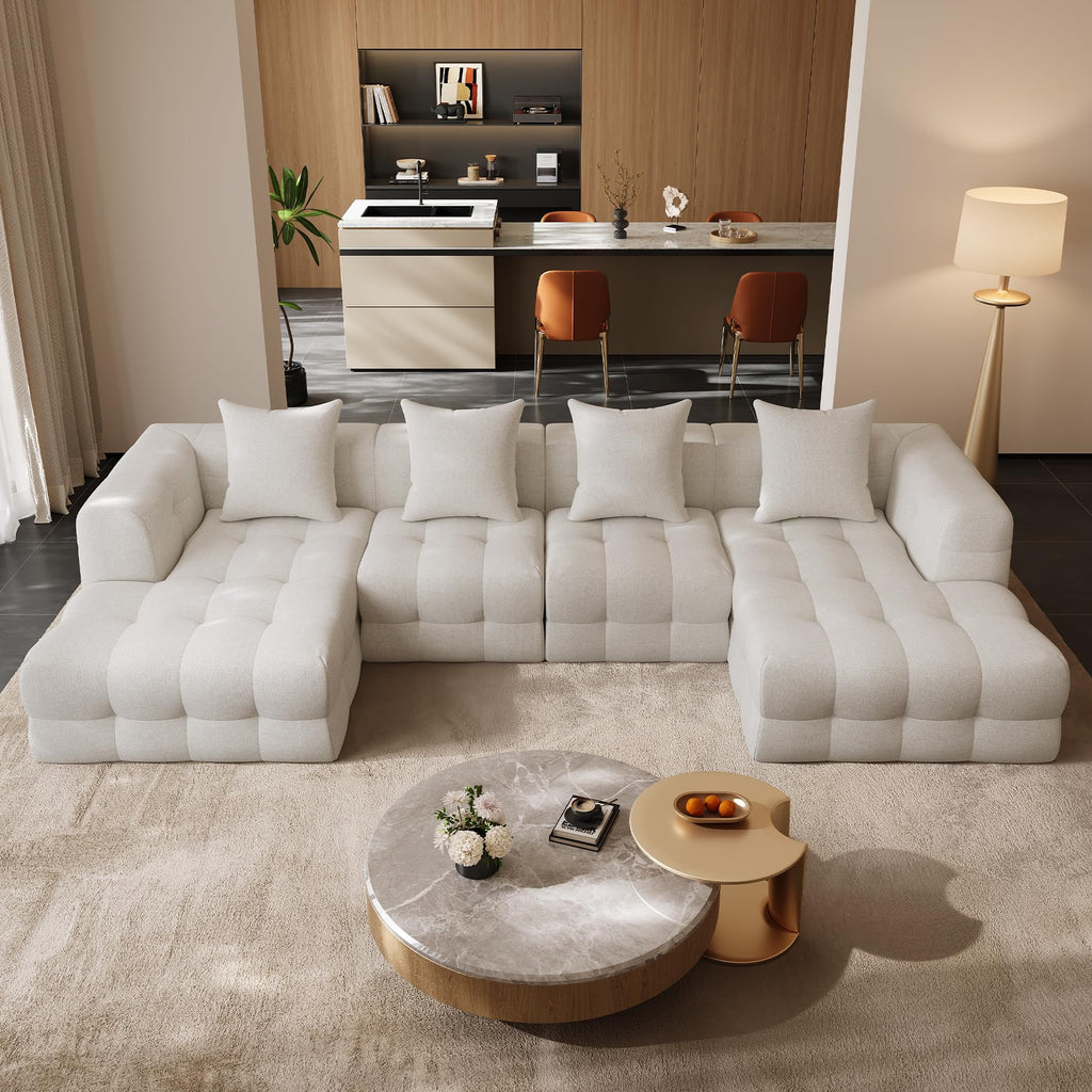 136" Boneless U-Shaped Couch, Cloud Sofa, Beige White