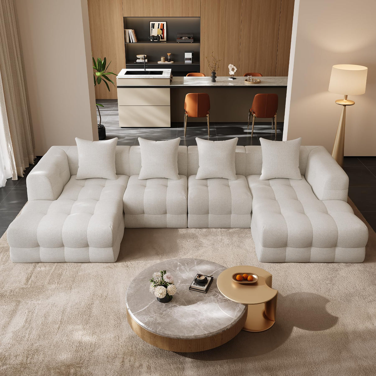 136" Boneless U-Shaped Couch, Cloud Sofa, Beige White
