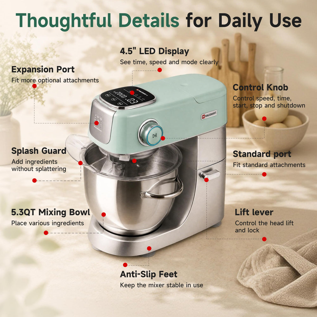 5.3QT Stand Mixer, LED Touch Screen, Quiet Operation, 11-Speed