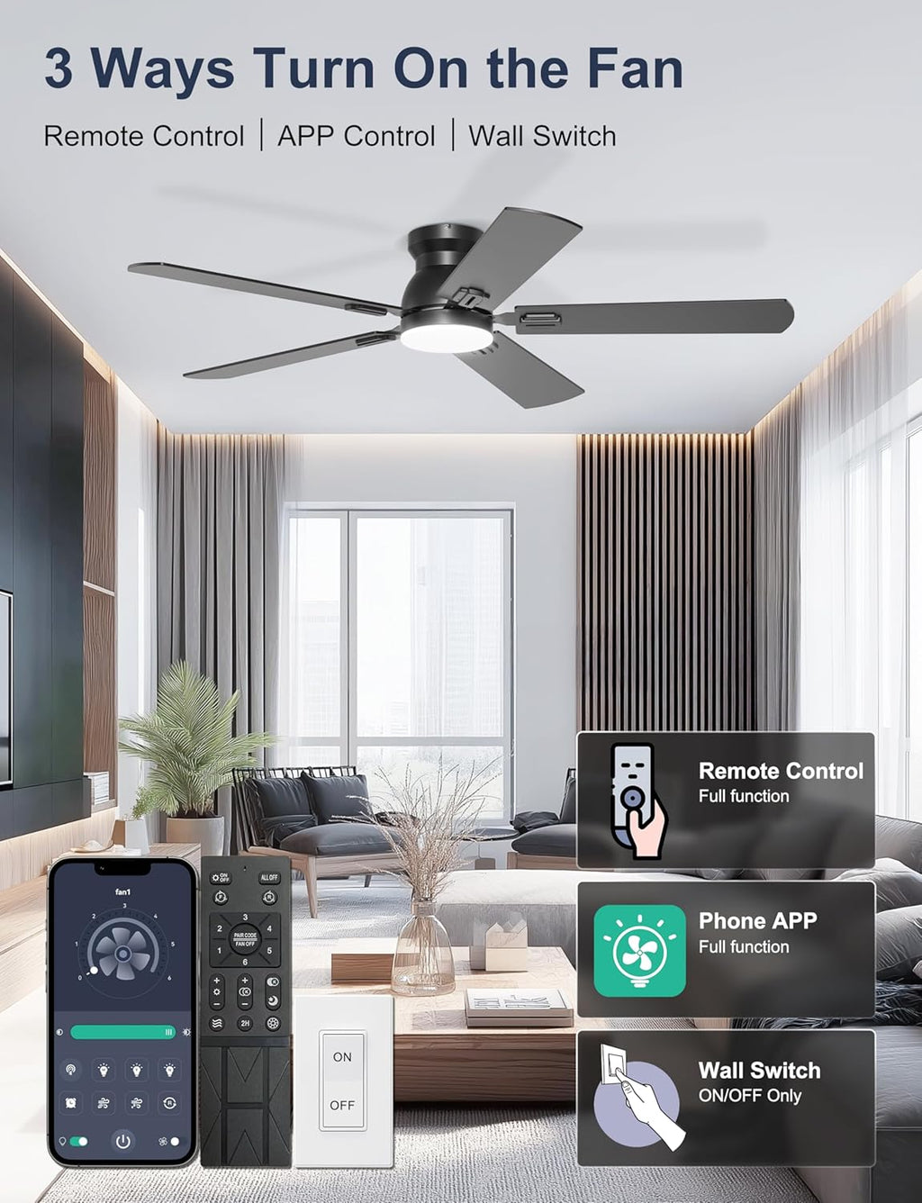 52" Flush Mount Ceiling Fan with Light & Remote