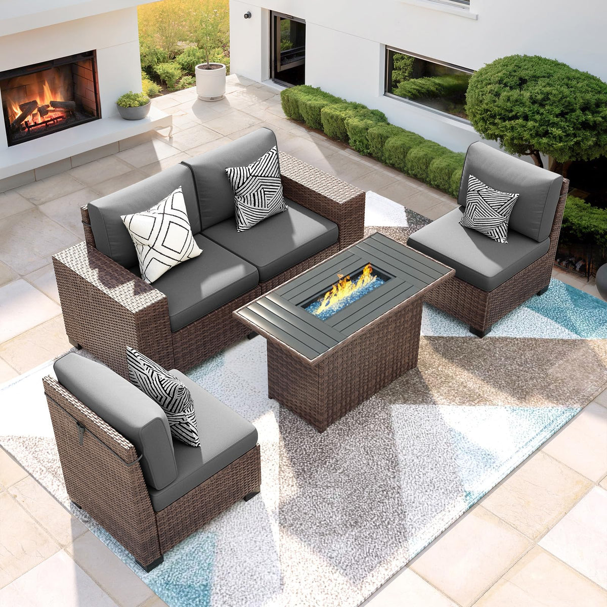 Patio Furniture Set with 44'' Fire Pit Table, 5 Pcs Outdoor Sectional Sofa