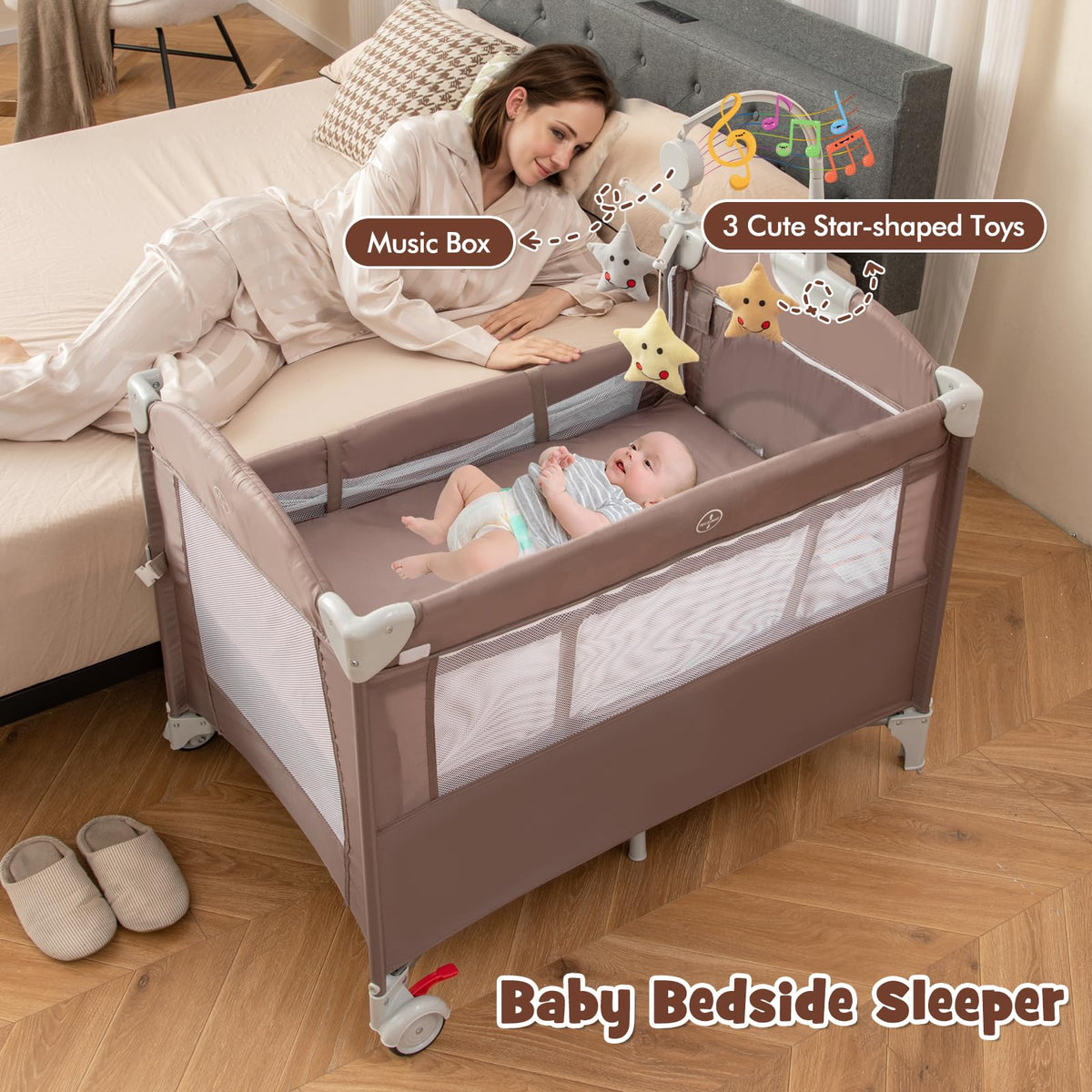 Play Yard with Bassinet, 5-in-1 Baby Bedside Sleeper w/Diaper Changing Table & Storage Bag, Toy Arch & Music Box