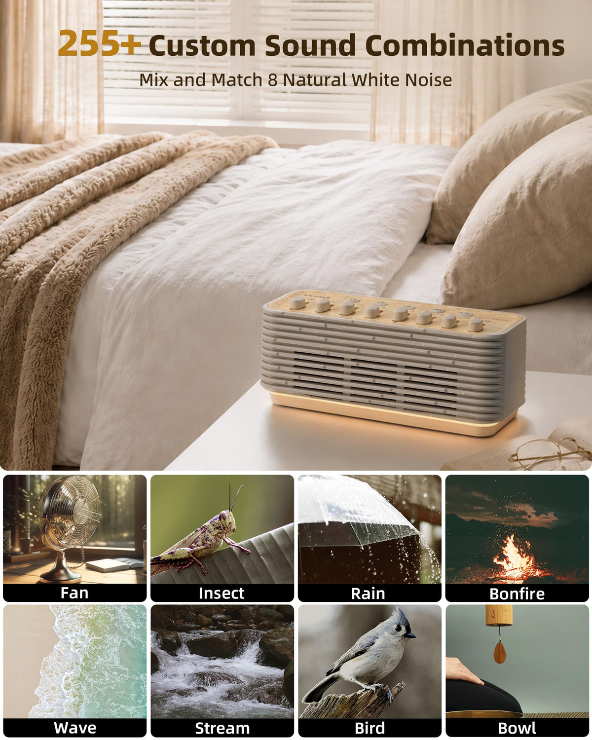 Sound Machine for Sleep, 255+ Natural White Noise Sound Combinations