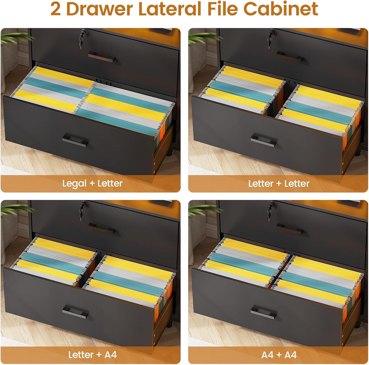 59" Filing Cabinet with Lock Drawers fits Legal Size | Black Lateral 2 Drawers File Cabinet with Acrylic Display
