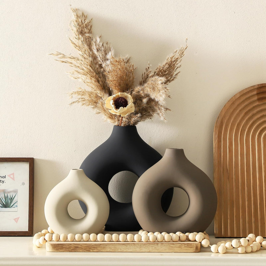 Ceramic Vase Home Table Decor - Flower Vases Set of 3 Small Living Room Centerpiece Decorations for Shelf Bedroom