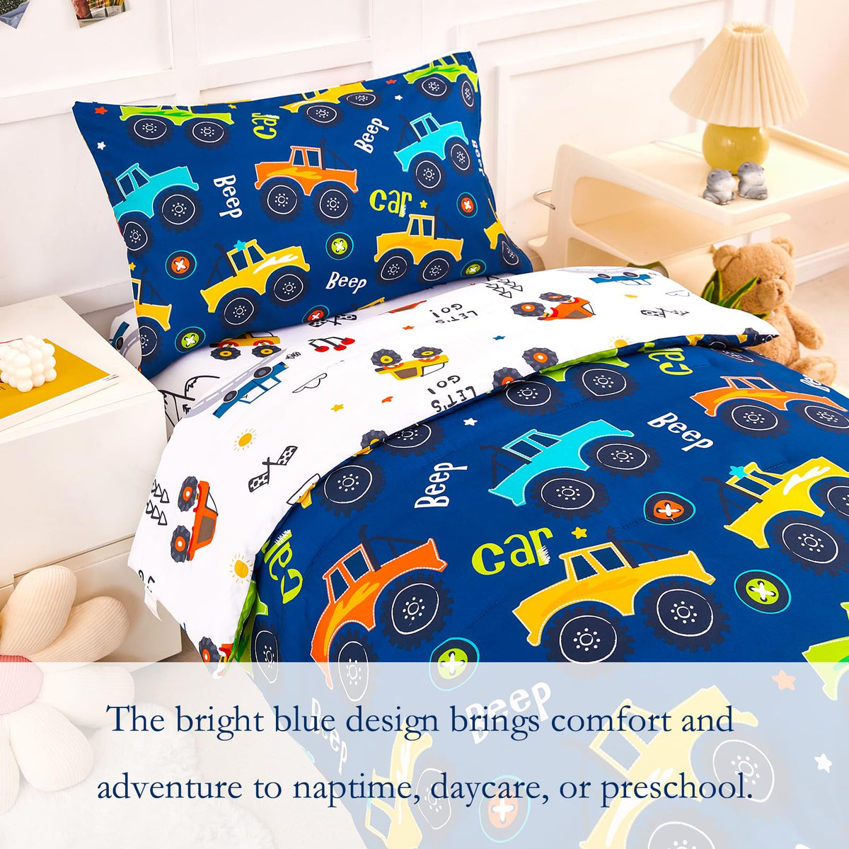 Car Toddler Boy Bedding Set Blue, 4 Pieces