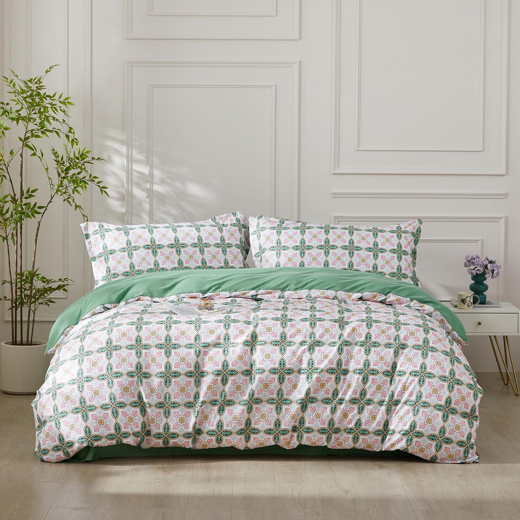 Full Boho Duvet Cover Green Paisley Bedding Set with 8 Corner Ties and 2 Pillow Shams Microfiber Reversible Duvet