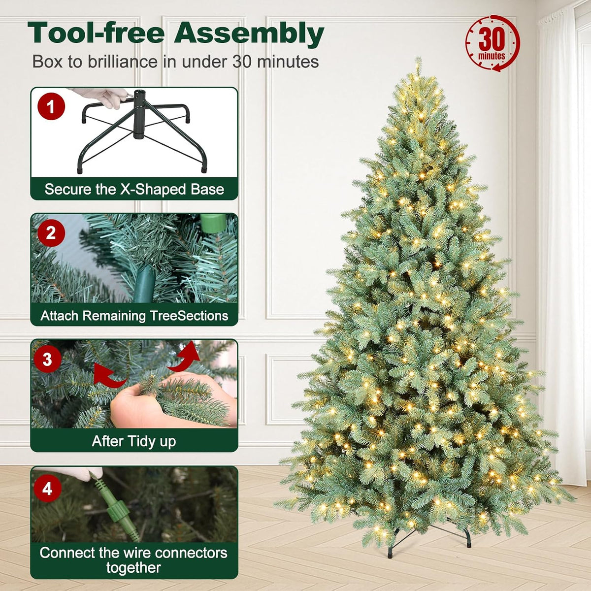 Prelit Artificial Christmas Tree, Blue Spruce Xmas Tree with Lights & Easy Setup Hinged Design, Realistic PE/PVC