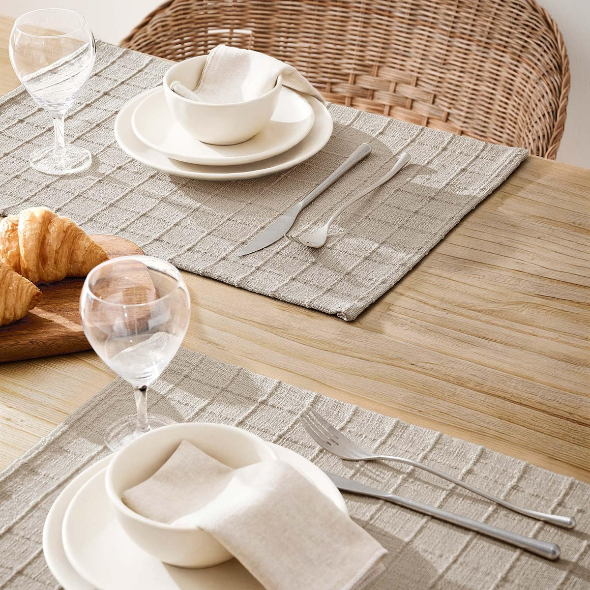 Artisanal Grid Decorative Linen Placemats Set of 4, Neutral Beige