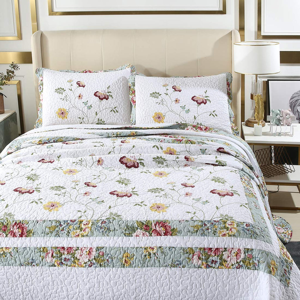 3-Piece Embroidered Floral Cotton Quilt Set Elegant Reversible Lightweight Soft Bedspread Coverlet with 2 Pillow
