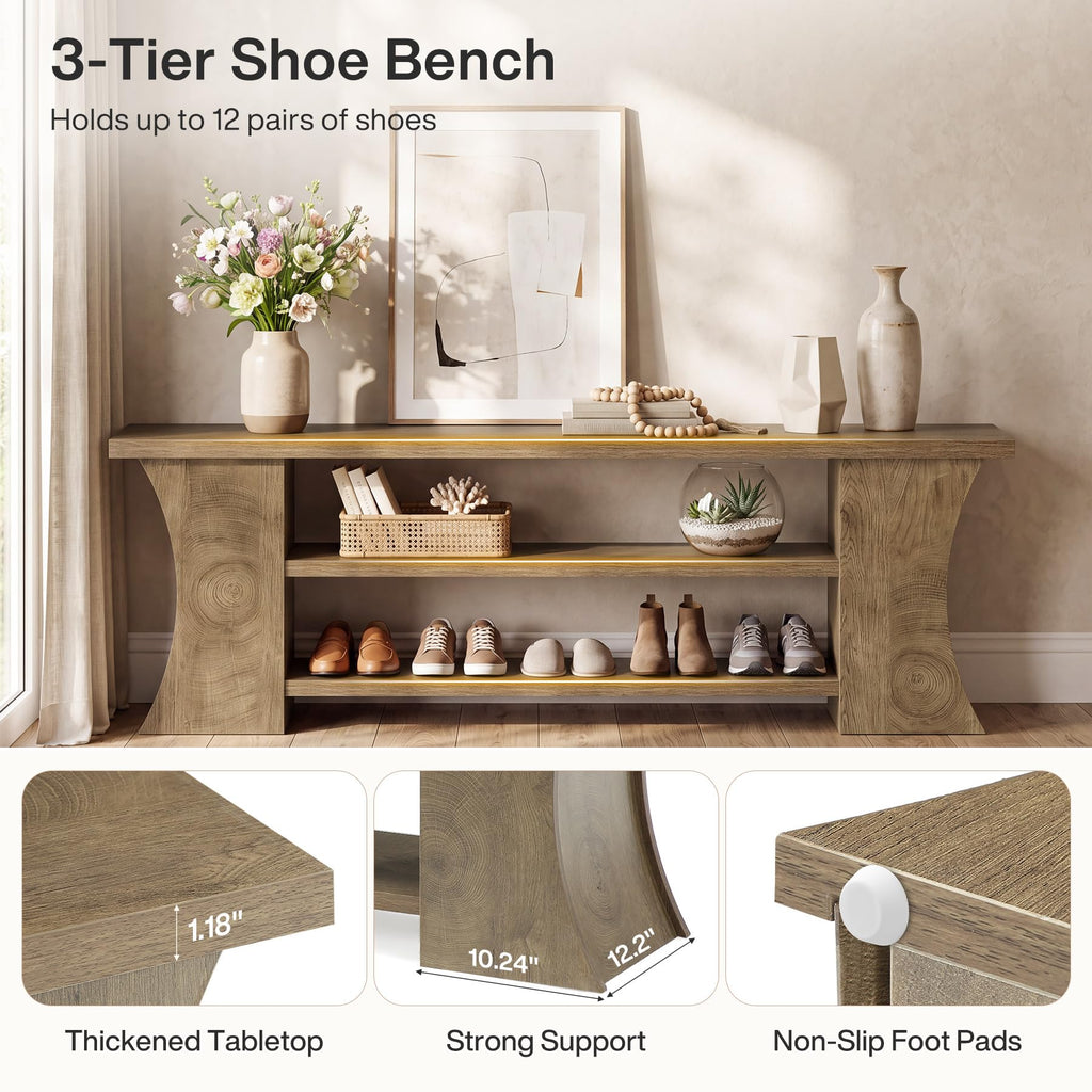 63" Entryway Bench with Shoe Storage, Farmhouse End of Bed Bench