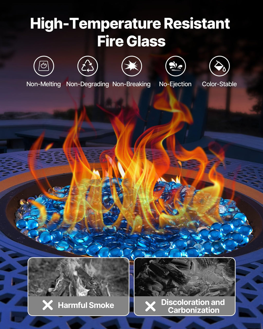 Fire Glass, 20 lbs, Caribbean Blue, 3/4 Inch High-Temperature Resistant Reflective Glass Beads, Smokeless Fire Pit