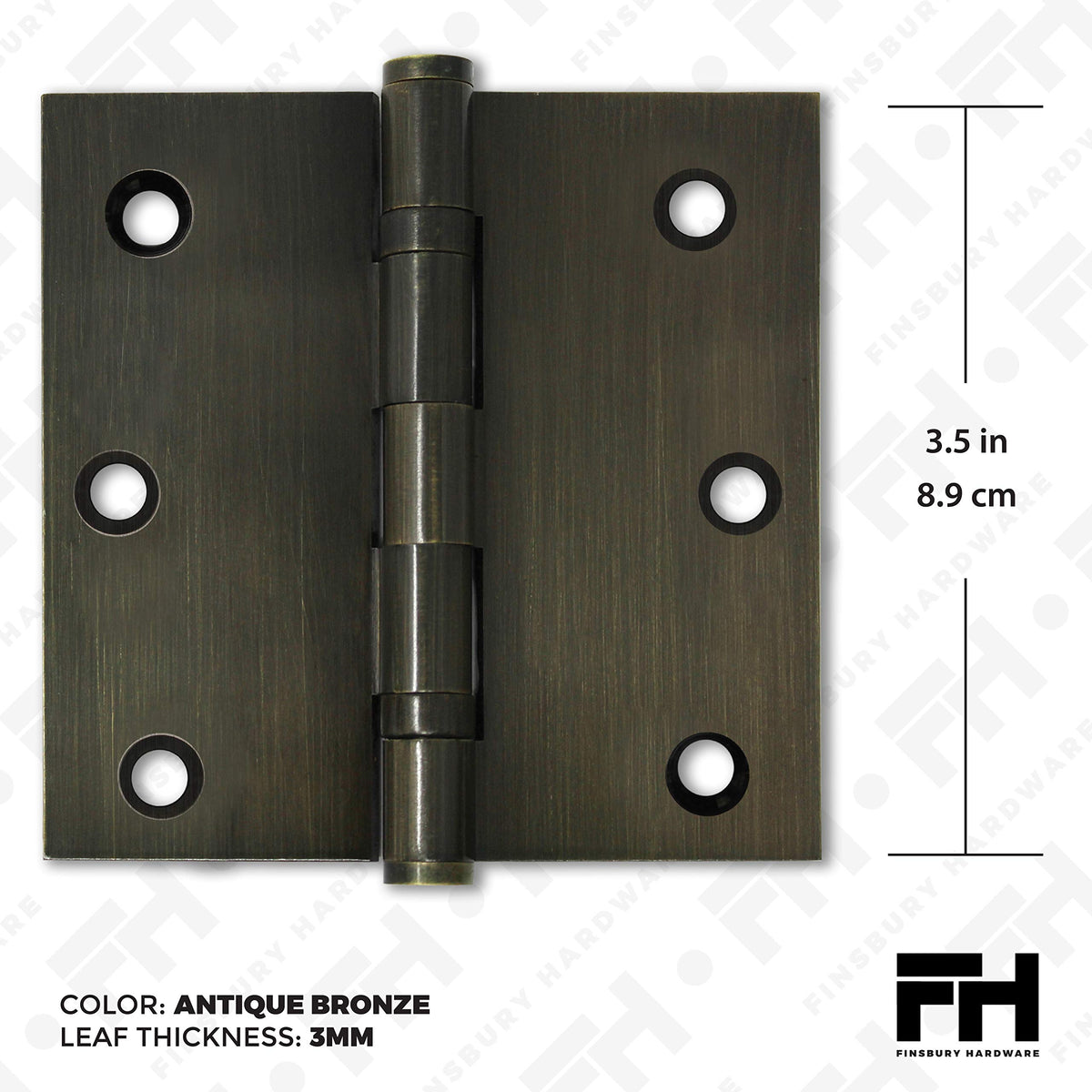 Solid Brass Door Hinge Heavy Duty Ball Bearing 3.5 x 3.5 Inch with Decorative Screw-on Tips Included - Set of 2