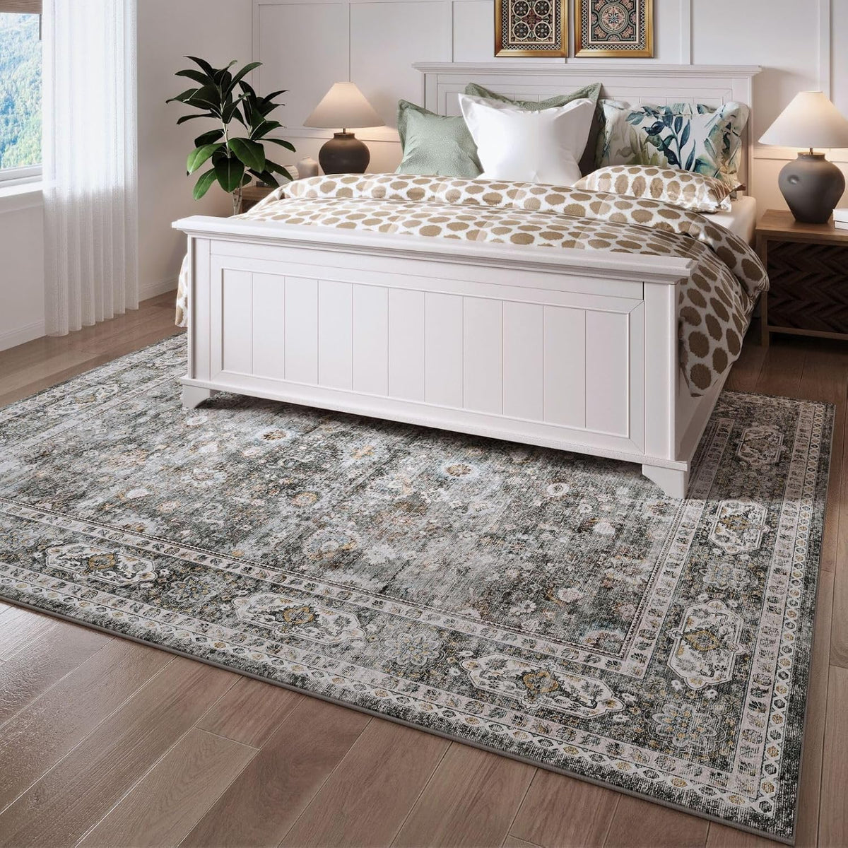 Large Living Room Rug Washable Non Slip Vintage, Grey