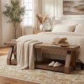 63" Solid Wood Bench, 2-Tier Entryway Bench with Shoe Storage, Rustic Hallway Accent Benches, Mudroom, Easy