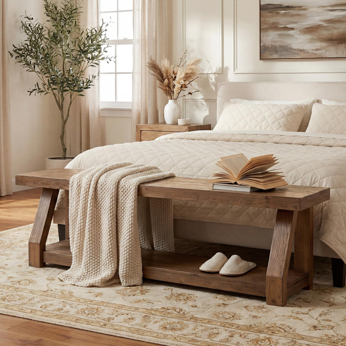 63" Solid Wood Bench, 2-Tier Entryway Bench with Shoe Storage, Rustic Hallway Accent Benches, Mudroom, Easy