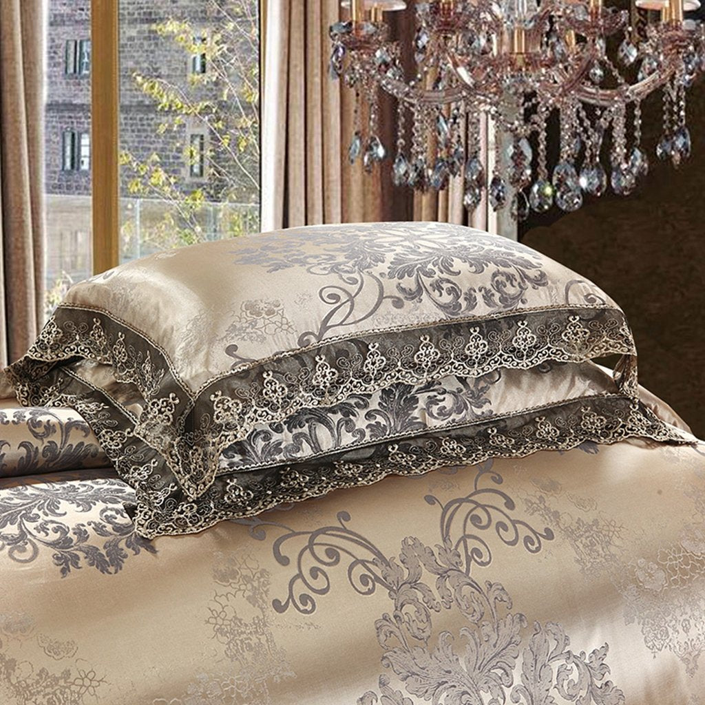 Satin Jacquard Duvet Cover Set King, Sateen Floral Lace, Gold