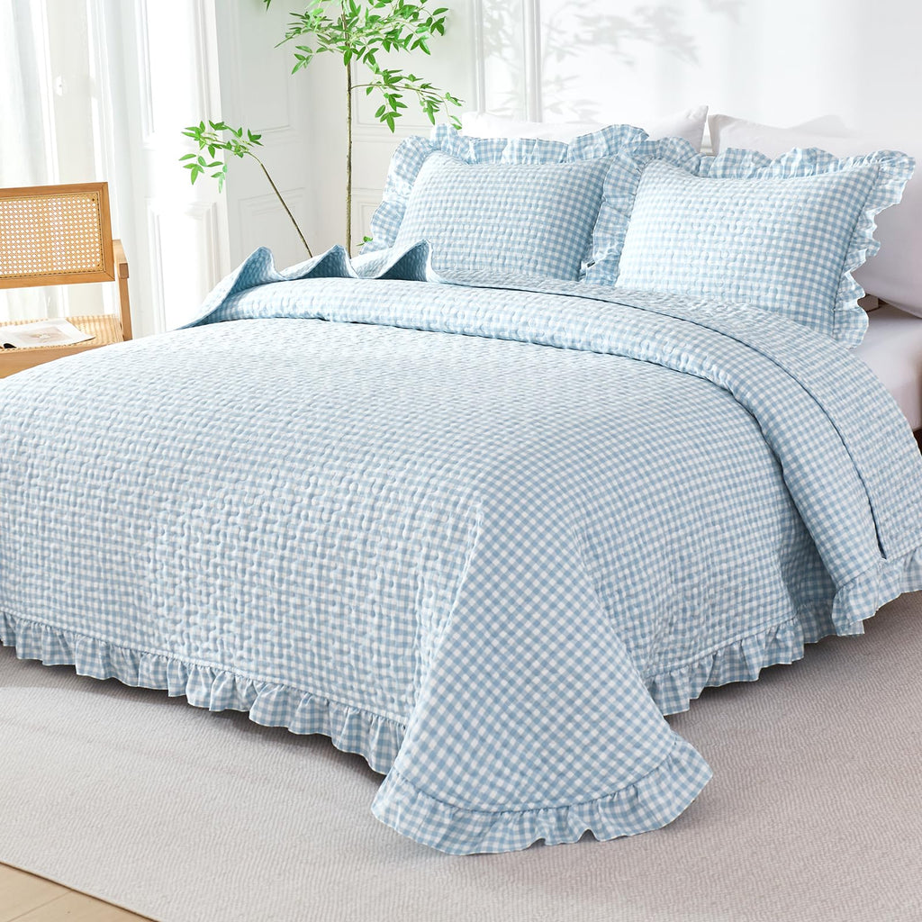Gingham Quilt Set Light Blue Ruffled Summer Bedspread