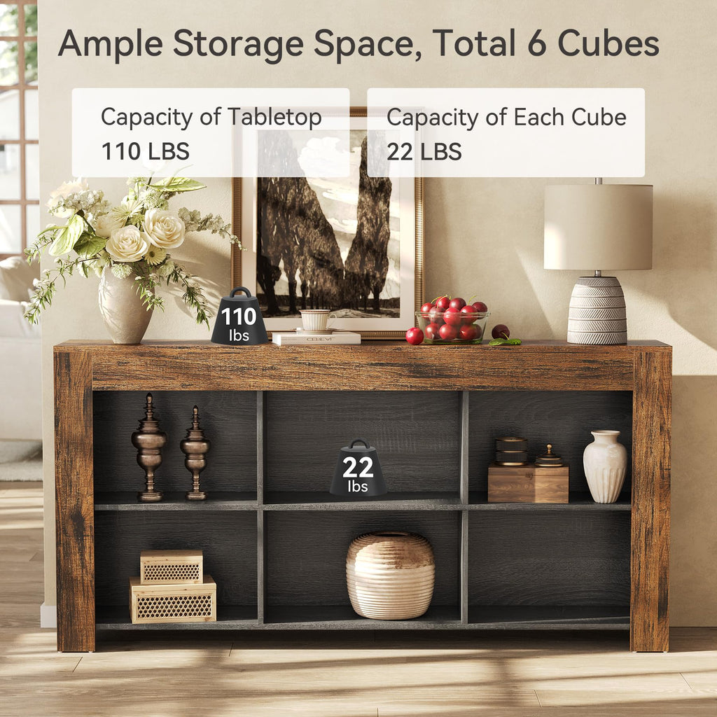 Console Table with Storage, 63-Inch Narrow Long Sofa Table, Entryway Table with 6 Cubes, Farmhouse Storage Shelves