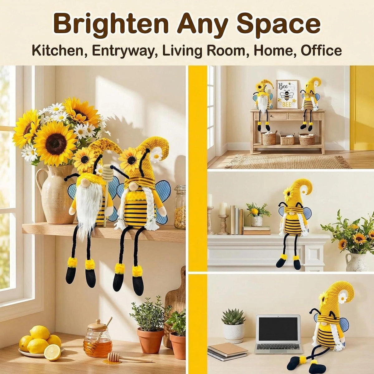Spring Decorations, Indoor - Yellow Honey Bumble Bee Sunflower Plush Gnomes Doll - Summer Gifts for Women - Bee