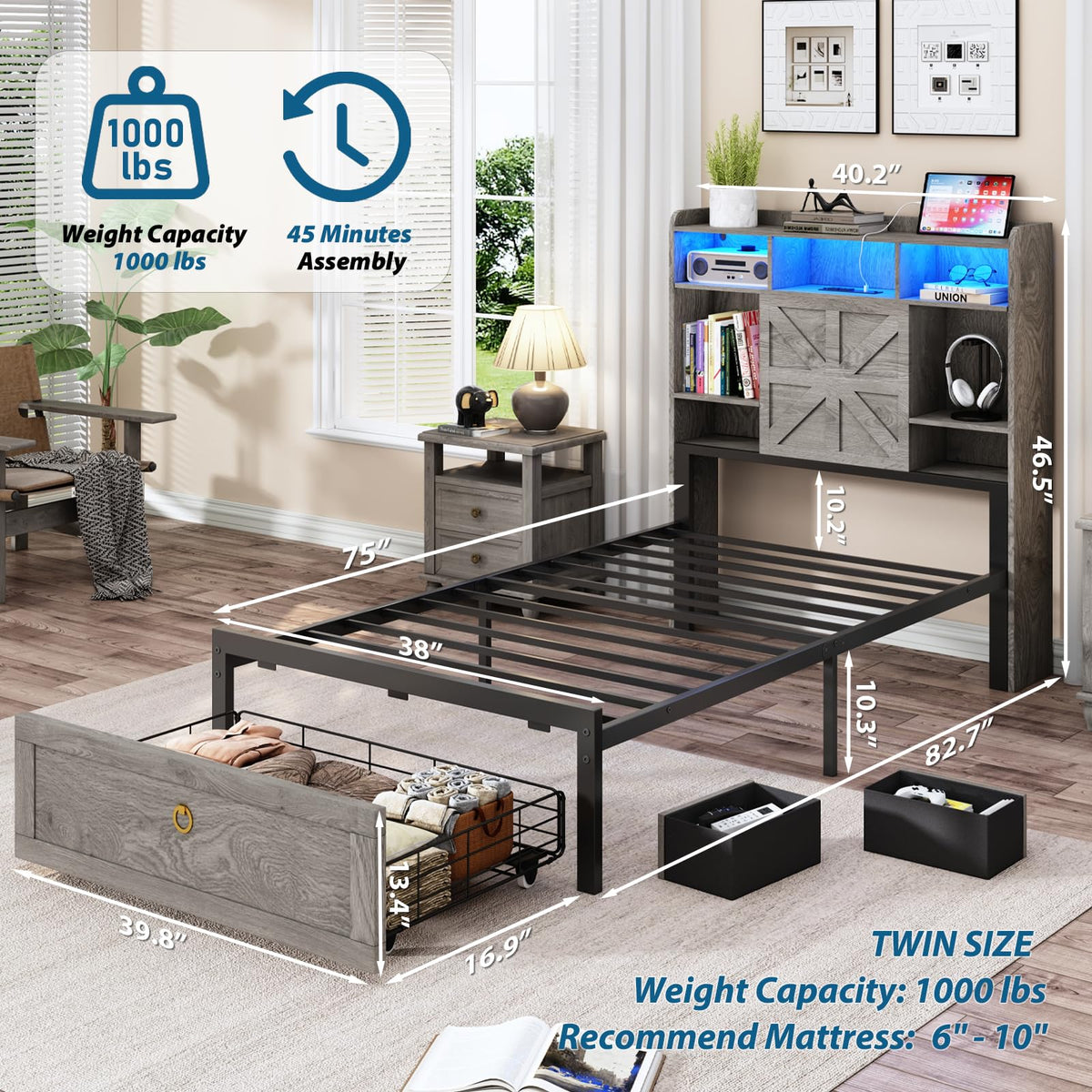 Bed Frame with Storage Headboard, Farmhouse Wood Bed Frame with 3 Drawers, LED Light & Charging